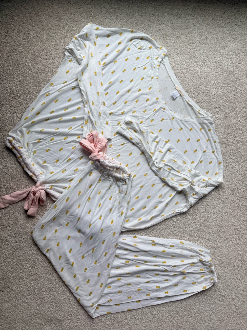 Eberjey White Pineapple-Print Pajama Set with Pink Ties